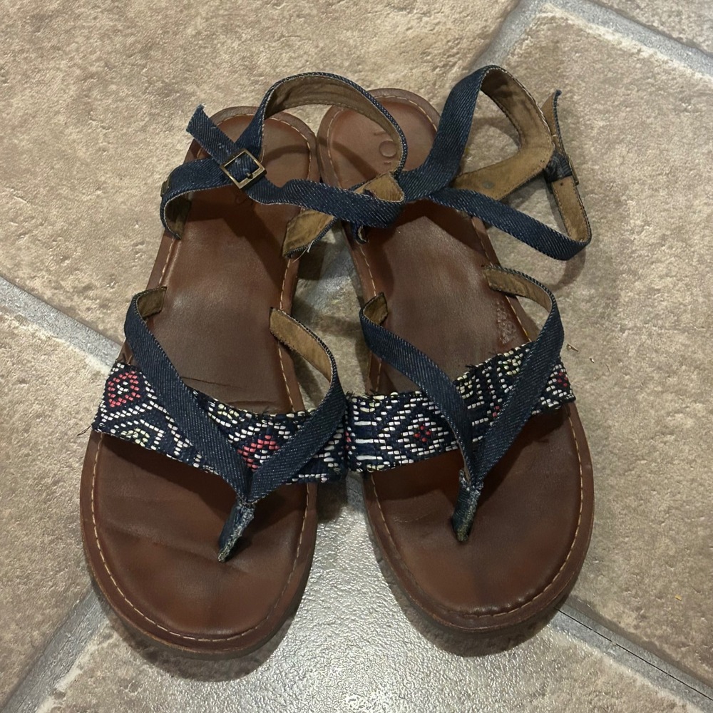 TOMS Womens 9.5 Blue Denim Geometric Woven Strappy Ankle‎ Strap Sandals Flats